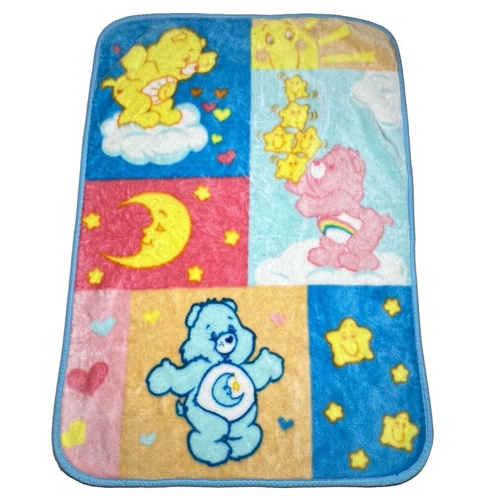 Vintage Care Bears Blanket Baby Blue 30”X 42” EUC